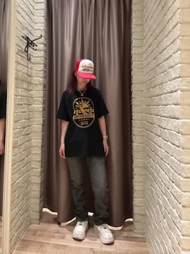 「HYSTERIC GLAMOUR（ヒステリックグラマー）のSPEEDSTER メッシュキャップ（キャップ、レッド系）」を使った、hzktoさん（レディース）の夏コーディネート
