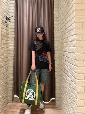 「HYSTERIC GLAMOUR（ヒステリックグラマー）のSEE NO EVIL ダッフルバッグ（トートバッグ、グリーン系）」を使った、hzktoさん（レディース）の夏コーディネート