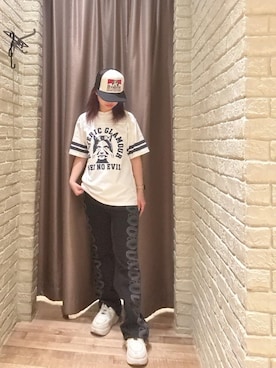 「HYSTERIC GLAMOUR（ヒステリックグラマー）のGUITAR GIRL メッシュキャップ（キャップ、ブラック系）」を使った、hzktoさん（レディース）の夏コーディネート