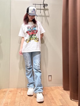 「HYSTERIC GLAMOUR（ヒステリックグラマー）のSNAKE LOOP柄デニムフレアパンツ（デニムパンツ、ブルー系）」を使った、hzktoさん（レディース）の夏コーディネート