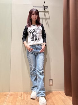 「HYSTERIC GLAMOUR（ヒステリックグラマー）のSNAKE LOOP柄デニムフレアパンツ（デニムパンツ、ブルー系）」を使った、hzktoさん（レディース）の夏コーディネート