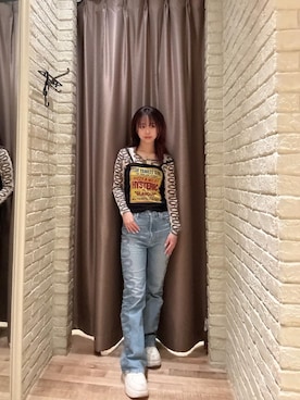 「HYSTERIC GLAMOUR（ヒステリックグラマー）のSNAKE LOOP柄デニムフレアパンツ（デニムパンツ、ブルー系）」を使った、hzktoさん（レディース）の夏コーディネート