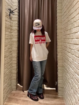 「HYSTERIC GLAMOUR（ヒステリックグラマー）のSNAKE LOOP柄デニムフレアパンツ（デニムパンツ、ブルー系）」を使った、hzktoさん（レディース）の夏コーディネート