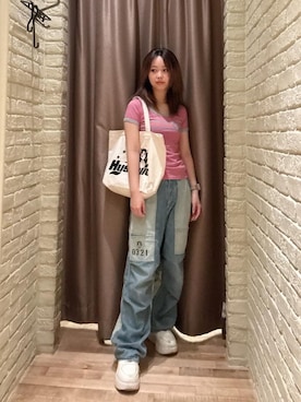 「HYSTERIC GLAMOUR（ヒステリックグラマー）のHYSTERIC 0321 ニータックワイドパンツ（その他パンツ、ブルー系）」を使った、hzktoさん（レディース）の夏コーディネート