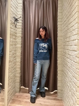 「HYSTERIC GLAMOUR（ヒステリックグラマー）のSNAKE LOOP柄デニムフレアパンツ（デニムパンツ、ブルー系）」を使った、hzktoさん（レディース）の秋コーディネート