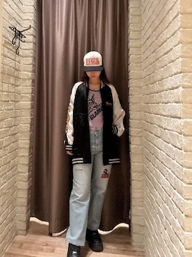 「HYSTERIC GLAMOUR（ヒステリックグラマー）のHYPNOTIZED LOGO ラインストーンメッシュキャップ（キャップ、ブラック系）」を使った、hzktoさん（レディース）の秋コーディネート