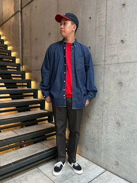 「DANTON（ダントン）のアイテム（帽子）」を使った、Bshopスタッフさん（メンズ・180cm）の秋コーディネート