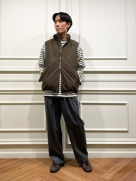 「orcival」｜「アイテム（ダウンベスト）」を使った、Bshopスタッフさん（メンズ・177cm）の冬コーディネート