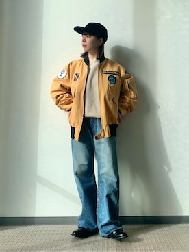 「アイテム（ミリタリージャケット、イエロー系）」を使った、Bshopスタッフさん（レディース・153cm）の冬コーディネート