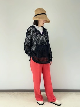 「アイテム（スラックス、ピンク系）」を使った、Bshopスタッフさん（レディース・157cm）の春コーディネート