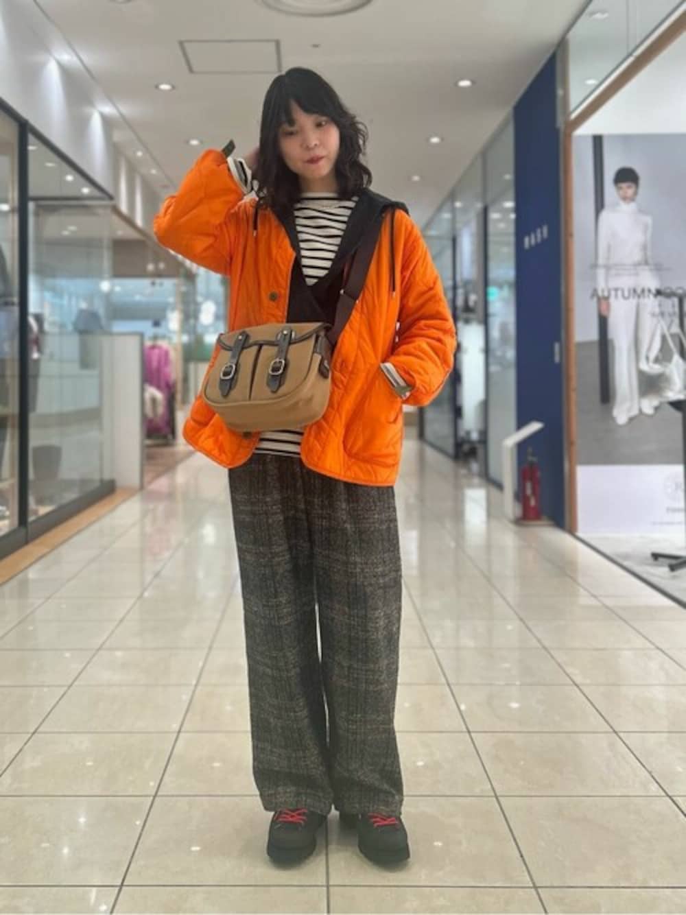 「ボーダー、ツイードパンツ、orcival、BRADY、ナイロンジャケット、HAVERSACK、Paraboot、LE GLAZIK 、BUZZ RICKSON'S、スキッパーニット」｜「ParabootのParaboot | YOSEMITE MEN（ブーツ、ブラック系）」を使った、Bshopスタッフさん（レディース・164cm）の秋コーディネートの1枚目の写真