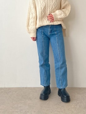 「menue（メヌエ）のストレッチ 厚底 ミドルブーツ（ブーツ、ブラック系）」を使った、みんさん（レディース・154cm）の秋コーディネート