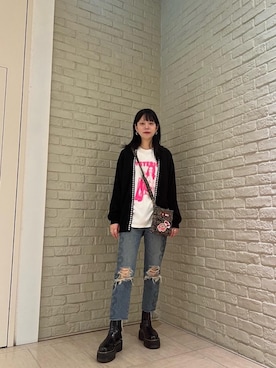 「HYSTERIC GLAMOUR（ヒステリックグラマー）のSNAKE LOOP 8分丈クラッシュデニムパンツ（デニムパンツ）」を使った、ゆうかさん（レディース・164cm）の秋コーディネート