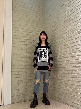 「HYSTERIC GLAMOUR（ヒステリックグラマー）のSNAKE LOOP 8分丈クラッシュデニムパンツ（デニムパンツ）」を使った、ゆうかさん（レディース・164cm）の秋コーディネート
