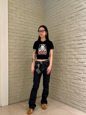「HYSTERIC GLAMOUR（ヒステリックグラマー）のロゴスタッズ フラグメントケース（財布、ブラック系）」を使った、ゆうかさん（レディース・164cm）の春コーディネート