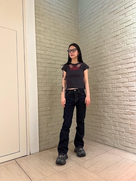 「HYSTERIC GLAMOUR（ヒステリックグラマー）のデニムフレアパンツ（デニムパンツ、ブルー系）」を使った、ゆうかさん（レディース・164cm）の春コーディネート