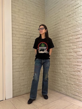 「HYSTERIC GLAMOUR（ヒステリックグラマー）のFRESH QUALITY Tシャツ（Tシャツ/カットソー、ブラック系）」を使った、ゆうかさん（レディース・164cm）の夏コーディネート