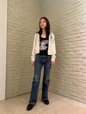 「HYSTERIC GLAMOUR（ヒステリックグラマー）のSUPER HYS ショート丈パーカー（パーカー、グレー系）」を使った、ゆうかさん（レディース・164cm）の夏コーディネート