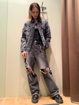 「ワイドパンツ 」｜「アイテム（デニムジャケット）」を使った、kanaさん（レディース・172cm）の秋コーディネート
