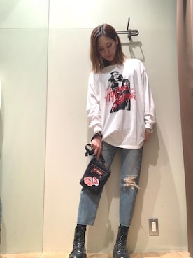 「HYSTERIC GLAMOUR（ヒステリックグラマー）のSNAKE LOOP 8分丈クラッシュデニムパンツ（デニムパンツ）」を使った、kanaさん（レディース・172cm）の秋コーディネート