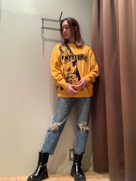 「HYSTERIC GLAMOUR（ヒステリックグラマー）のSNAKE LOOP 8分丈クラッシュデニムパンツ（デニムパンツ）」を使った、kanaさん（レディース・172cm）の冬コーディネート