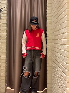 「アイテム（その他アウター、レッド系）」を使った、kanaさん（レディース・172cm）の秋コーディネート