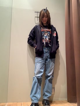 「HYSTERIC GLAMOUR（ヒステリックグラマー）のブッシュデニムパンツ（デニムパンツ、ブルー系）」を使った、kanaさん（レディース・172cm）の冬コーディネート