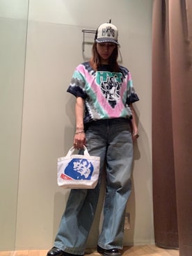 「HYSTERIC GLAMOUR（ヒステリックグラマー）のデニムワイドパンツ（デニムパンツ、ブルー系）」を使った、kanaさん（レディース・172cm）の春コーディネート
