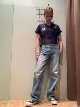 「HYSTERIC GLAMOUR（ヒステリックグラマー）のRAT CITY BOWL刺繍 ボーリングシャツ（シャツ/ブラウス、ブラック系）」を使った、kanaさん（レディース・172cm）の春コーディネート