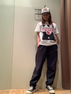 「HYSTERIC GLAMOUR（ヒステリックグラマー）のGUITAR GIRL メッシュキャップ（キャップ、ブラック系）」を使った、kanaさん（レディース・172cm）の夏コーディネート