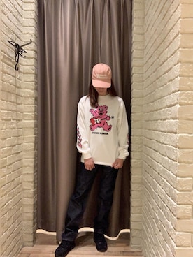 「HYSTERIC GLAMOUR（ヒステリックグラマー）のボーイフレンドデニムパンツ（デニムパンツ、ブルー系）」を使った、kanaさん（レディース・172cm）の秋コーディネート
