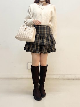 「MAJESTIC LEGON（マジェスティックレゴン）の盛れるストレッチロングブーツ（ブーツ、ブラウン系）」を使った、ふうかさん（レディース・156cm）の秋コーディネート