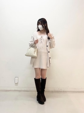 「MAJESTIC LEGON（マジェスティックレゴン）の盛れるストレッチロングブーツ（ブーツ、ブラウン系）」を使った、ふうかさん（レディース・156cm）の秋コーディネート