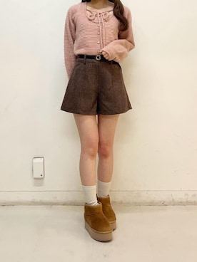 「MAJESTIC LEGON（マジェスティックレゴン）のリボン厚底フェイクムートンブーツ（ブーツ、イエロー系）」を使った、ふうかさん（レディース・156cm）の秋コーディネート