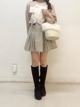 「MAJESTIC LEGON（マジェスティックレゴン）の盛れるストレッチロングブーツ（ブーツ、ブラウン系）」を使った、ふうかさん（レディース・156cm）の冬コーディネート