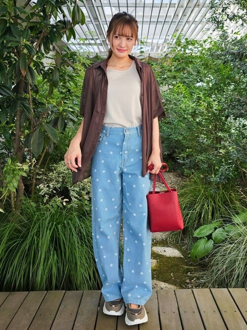 セール】【S-LL】周りと差がつく デイジー柄デニムワイドパンツ