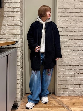 「パーカー」｜「アイテム（ノーカラーコート）」を使った、mariko.tさん（レディース・161cm）の冬コーディネート
