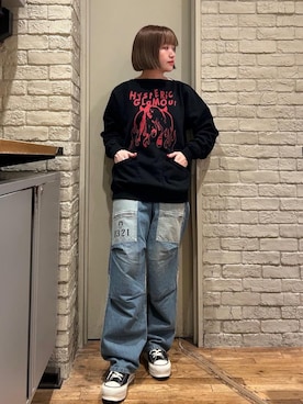「HYSTERIC GLAMOUR（ヒステリックグラマー）のFIRE WOMAN ボートネックスウェット（スウェット、ブラック系）」を使った、mariko.tさん（レディース・161cm）の春コーディネート