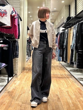 「HYSTERIC GLAMOUR（ヒステリックグラマー）のデニムワイドパンツ（デニムパンツ、ブラック系）」を使った、mariko.tさん（レディース・161cm）の春コーディネート