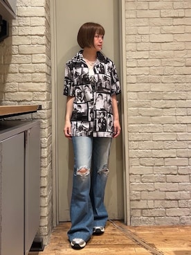 「HYSTERIC GLAMOUR（ヒステリックグラマー）のローライズフレアデニムパンツ（デニムパンツ、ブルー系）」を使った、mariko.tさん（レディース・161cm）の夏コーディネート