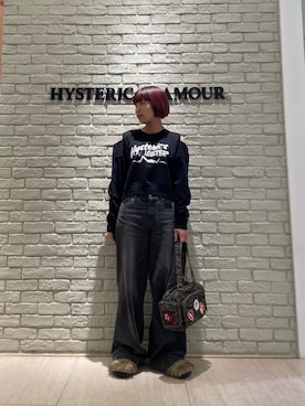 「HYSTERIC GLAMOUR（ヒステリックグラマー）のデニムワイドパンツ（デニムパンツ、ブラック系）」を使った、OKUDAさん（レディース・160cm）の冬コーディネート