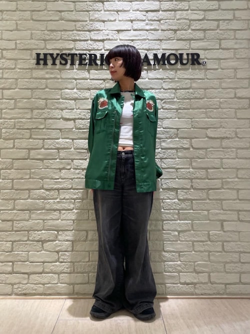 極美品！ HYSTERIC GLAMOUR パイソン柄 ボウタイブラウス　緑系 DRAGON FLAME刺繍 スーベニアシャツ（シャツ/ブラウス）｜HYSTERIC