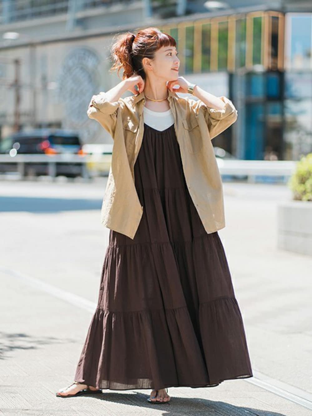 「ワンピース、ss、fashion、シャツスタイル、羽織り、スピック＆スパン、WOMEN、Spick & Span(Spick & Span)」｜「Spick & SpanのHYU 楊柳ティアードワンピース（ワンピース、ブラウン系）」を使った、RIKAさん（レディース・160cm）の夏コーディネートの1枚目の写真