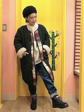 「エスニック」｜「アイテム（ノーカラーコート）」を使った、チチカカさん（レディース・158cm）の冬コーディネート