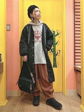 「エスニック」｜「アイテム（ノーカラーコート）」を使った、チチカカさん（レディース・158cm）の冬コーディネート