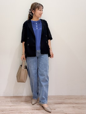 「アイテム（ニット/セーター、ブルー系）」を使った、RISAYANさん（レディース・157cm）の夏コーディネート