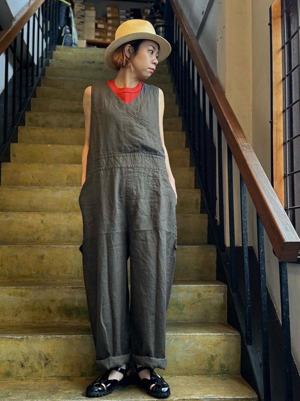 鹿の子　快晴堂＊リネン　サロペットパンツ　オーバーオール　麻 e87385b88d40ab36e8b363eee4a032