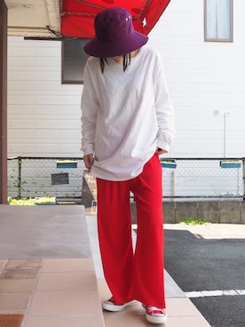 「リラックスパンツ」｜「アイテム（帽子）」を使った、clever elephantさん（レディース・155cm）の春コーディネート
