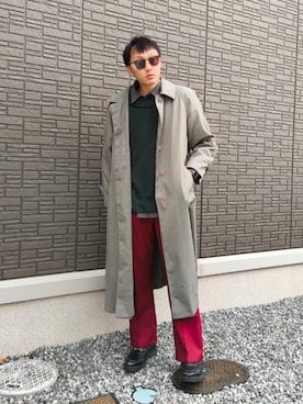 「アイテム（ステンカラーコート、グリーン系）」を使った、ちむさん（メンズ・175cm）の冬コーディネート