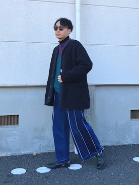 「ノーカラージャケット」｜「アイテム（ブルゾン）」を使った、ちむさん（メンズ・175cm）の冬コーディネート